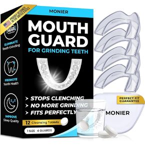 Mouth Guard for Grinding Teeth at Night | Dental Night Guard for Clenching & Better Sleep | 4 Moldable Mouthguards with 12 Cleansing Tablets