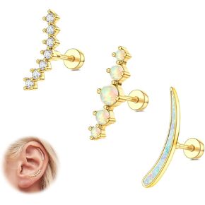 BodyBonita 3Pcs 16G Flat Back Earrings - 316L Surgical Steel Cartilage Earrings for Women Opal CZ Stud Earrings Set Lobe Conch Helix Daith Tragus Jewelry 14K Gold Plated Two