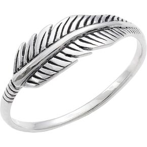 Silverly Feather Ring - 925 Sterling Silver Leaf Ring - Oxidised Vintage Style Stacking Band for Ladies - Nature Inspired Wedding Ring - Jewellery for Women Daughter Wife Girlfriend