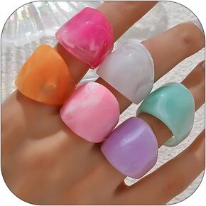 Chunky Resin Rings Set Unique Multicolor Acrylic Rings Cute Aesthetic Y2k Statement Ring Vintage Stackable Wide Thick Dome Plastic Rings Knuckle Finger Jewelry for Women