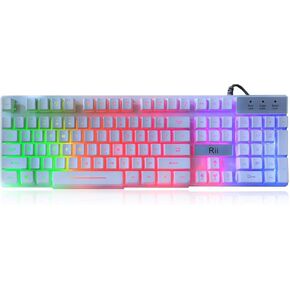 Rii RK100+ White Gaming Keyboard,USB Wired Multiple Colors Rainbow LED Backlit Large Size Mechanical Feeling Ultra-Slim Multimedia Office Keyboard Non-Slip for Primer Gaming and Working,Office Device in Saudi Arabia