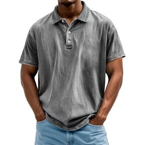 Men's Polo Shirts Short Sleeve Distressed Washed Cotton T-Shirts Button Casual Summer Tee Tops