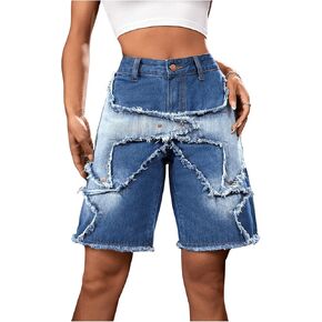 Floerns Women's Star Frayed Hem Low Waist Y2k Bermuda Denim Jeans Shorts