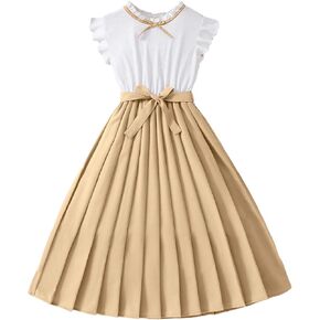 SHENHE Girl's Pleated Dress Ruffle Short Sleeve A Line Cute Bow Belted Swing Midi Dress