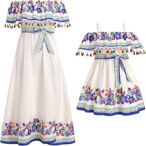 AWIBMK Mommy and Me Matching Floral Ruffle Mexican Dress Off-Shoulder Belted Cinco De Mayo Fiesta Mom Daughter Outfits