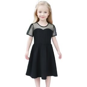 Black Girl Dress Formal Contrast Mesh Short Sleeve Polka Dots A Line Casual Party Dress 6-11Y