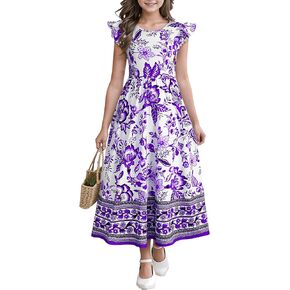 Girl's Dress Summer Boho Floral Flutter Sleeve Party Casual A Line Vacation Maxi Dress 9-14 Years