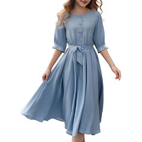 New 8-12Years Girls Midi Dress Puff Sleeve A-Line Tie Waist Button Front Casual Party School