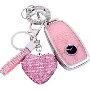 for Mercedes Benz Key fob Cover with Diamond Bling Keychain, Car Accessories Key Shell Full Protection for 2019-2021 A-Class C-Class G-Class 2017-2020 E-Class S-Class,Gold Pink