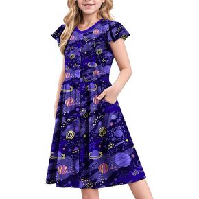 LQSZ Girls Dress Side Pockets Ruffle Sleeve Swing A-line Button Sundress School Casual Midi Basic Dress Size 3-12 Years