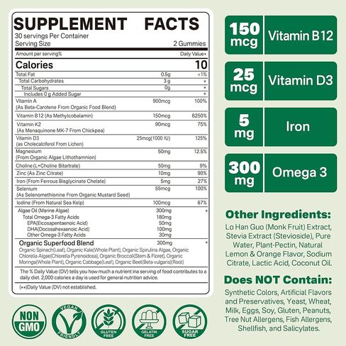 Vegan Multivitamin for Women & Men (Made in USA) w/ Methyl B12, D3 K2, Plant Based Omega 3 (DHA+EPA), Iron, Choline, Zinc, Whole Food Daily Vitamins Gummies for Vegans & Vegetarians, Sugar Free, 60Cts in Saudi Arabia