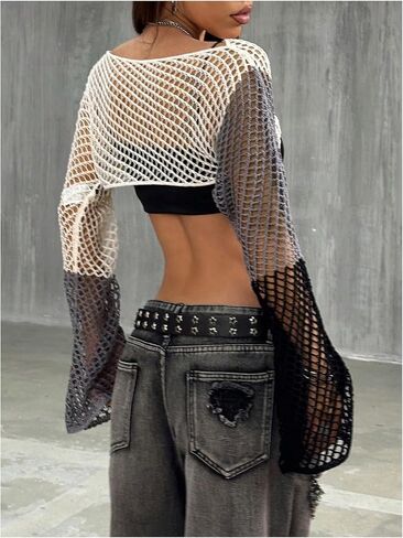 Verdusa Women's Hollow Out Color Block Subsiters Sheer Bell Sleeve Crochet Crops Tops in Saudi Arabia