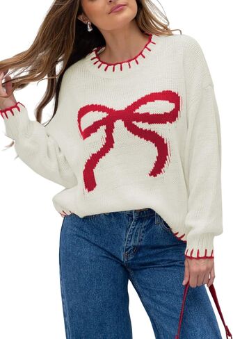 Women Y2K Bow Knit Sweater Crew Neck Long Sleeve Knitted Pullover Oversized Contrast Trim Knitwear in Kuwait