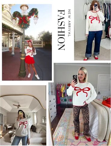 Women Y2K Bow Knit Sweater Crew Neck Long Sleeve Knitted Pullover Oversized Contrast Trim Knitwear in Kuwait