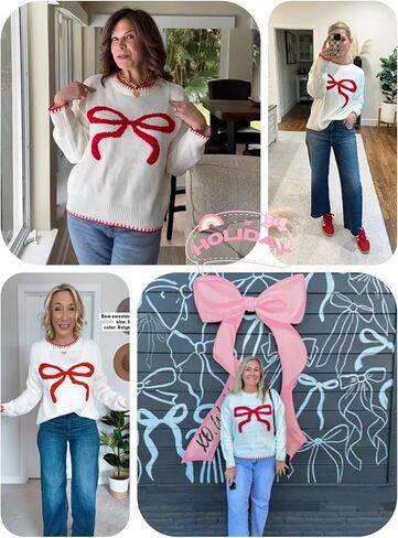 Women Y2K Bow Knit Sweater Crew Neck Long Sleeve Knitted Pullover Oversized Contrast Trim Knitwear in Kuwait