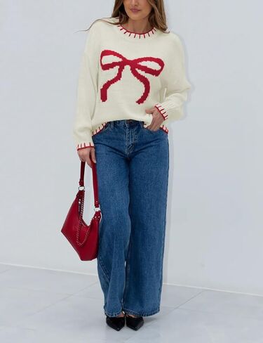 Women Y2K Bow Knit Sweater Crew Neck Long Sleeve Knitted Pullover Oversized Contrast Trim Knitwear in Kuwait