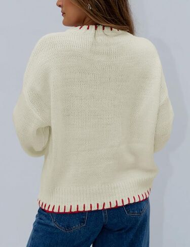 Women Y2K Bow Knit Sweater Crew Neck Long Sleeve Knitted Pullover Oversized Contrast Trim Knitwear in Kuwait