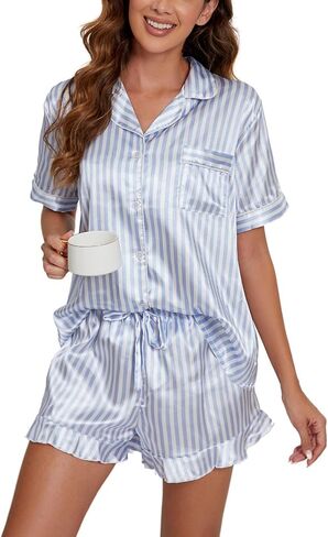 Womens Striped Satin Pajamas Set Button Up 2 Piece Silk Pjs Shorts Set Ruffle Sleepwear in Saudi Arabia