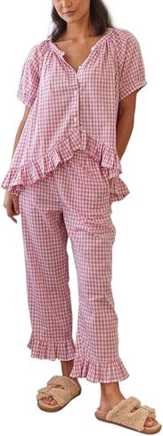 Argeousgor Women Plaid Pajama Sets 2 Piece Outfits Short Sleeve Button Down Shirt Ruffle Pants Pjs Lounge Set in Kuwait