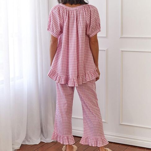 Argeousgor Women Plaid Pajama Sets 2 Piece Outfits Short Sleeve Button Down Shirt Ruffle Pants Pjs Lounge Set in Kuwait