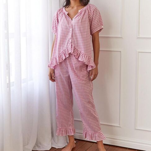 Argeousgor Women Plaid Pajama Sets 2 Piece Outfits Short Sleeve Button Down Shirt Ruffle Pants Pjs Lounge Set in Kuwait