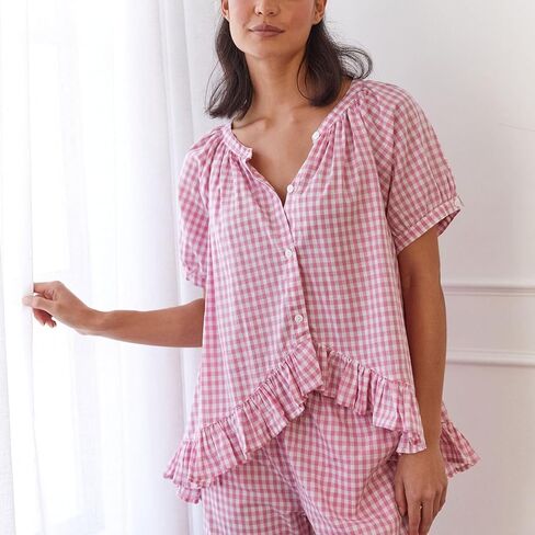 Argeousgor Women Plaid Pajama Sets 2 Piece Outfits Short Sleeve Button Down Shirt Ruffle Pants Pjs Lounge Set in Kuwait