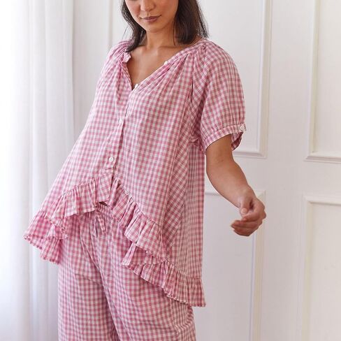 Argeousgor Women Plaid Pajama Sets 2 Piece Outfits Short Sleeve Button Down Shirt Ruffle Pants Pjs Lounge Set in Kuwait
