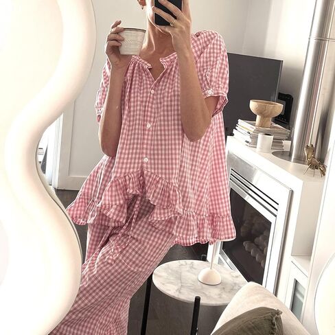 Argeousgor Women Plaid Pajama Sets 2 Piece Outfits Short Sleeve Button Down Shirt Ruffle Pants Pjs Lounge Set in Kuwait