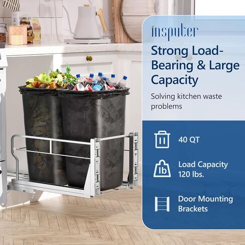 سلة المهملات ذات السحب المزدوج من Insputer تحت الخزانة، يمكن سحب سلة المهملات في الخزانة 35 كيو تي، يمكن سحب سلة المهملات شديدة التحمل تحت الخزانة لصندوق إعادة تدوير المطبخ، لا يمكن تضمين القمامة in Kuwait