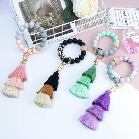 Beaded Keychain with Tassel, Silicone Key Ring Bracelet, Cute Boho Car Key Chain Wristlet for Women in Kuwait