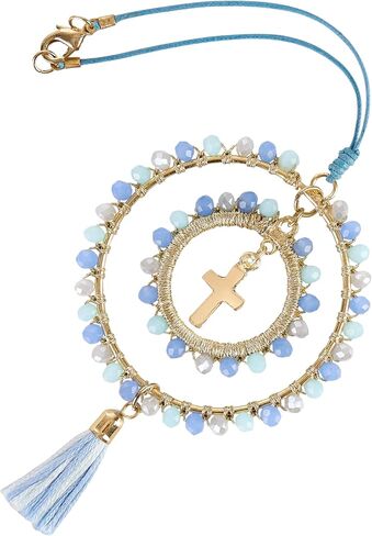 Elegant Cross for Car Mirror - Cute Suncatcher Rearview Decoration, Christian Beaded Keychain for Women, Bag, Purse, Handbag Charm Accessories, Sun Catcher Charms with Glass Beads - Pastel Blue Cross in Saudi Arabia