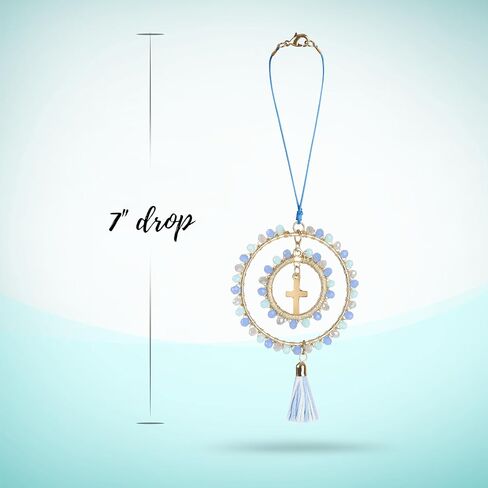 Elegant Cross for Car Mirror - Cute Suncatcher Rearview Decoration, Christian Beaded Keychain for Women, Bag, Purse, Handbag Charm Accessories, Sun Catcher Charms with Glass Beads - Pastel Blue Cross in Saudi Arabia