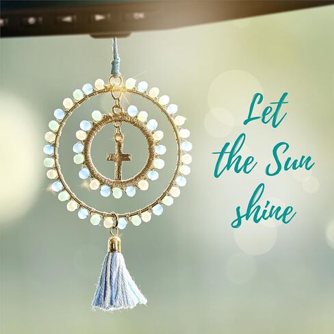 Elegant Cross for Car Mirror - Cute Suncatcher Rearview Decoration, Christian Beaded Keychain for Women, Bag, Purse, Handbag Charm Accessories, Sun Catcher Charms with Glass Beads - Pastel Blue Cross in Saudi Arabia