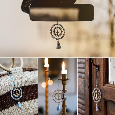 Elegant Cross for Car Mirror - Cute Suncatcher Rearview Decoration, Christian Beaded Keychain for Women, Bag, Purse, Handbag Charm Accessories, Sun Catcher Charms with Glass Beads - Pastel Blue Cross in Saudi Arabia