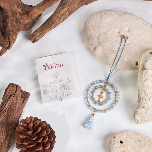 Elegant Cross for Car Mirror - Cute Suncatcher Rearview Decoration, Christian Beaded Keychain for Women, Bag, Purse, Handbag Charm Accessories, Sun Catcher Charms with Glass Beads - Pastel Blue Cross in Saudi Arabia
