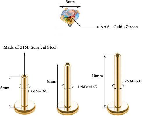 16G 18G Tragus Labret Lip Piercing Jewelry Black, Internally Threaded Surgical Steel CZ Studs for Women Men, 6mm 8mm 10mm Labret Nose Stud Cartilage Helix Medusa Conch Piercing Jewelry in Saudi Arabia