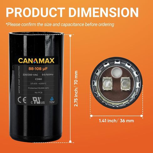 Canamax 233-280 MFD uf 50/60 Hz 250 VAC Volts Round Start Capacitor - Replacement for AC Motor Run or Fan Start and Cool or Heat Pump Air Conditioner - Replaces 6FLW0 2MET9 CAP-233-250 in Saudi Arabia
