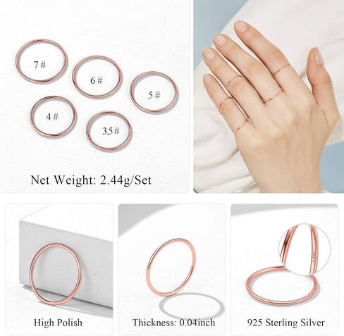 ChicSilver 5 Pcs 1mm Women's 925 Sterling Silver Plain Band Knuckle Stacking Rings Fashion Thin Midi Rings Comfort Fit Size 3.5 to 7 (with Gift Box) in Saudi Arabia