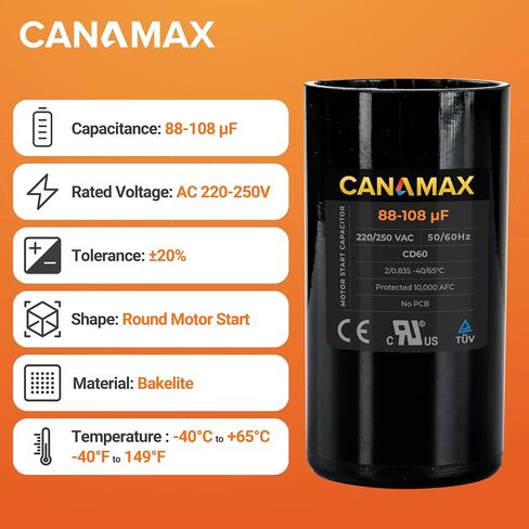 Canamax 233-280 MFD uf 50/60 Hz 250 VAC Volts Round Start Capacitor - Replacement for AC Motor Run or Fan Start and Cool or Heat Pump Air Conditioner - Replaces 6FLW0 2MET9 CAP-233-250 in Saudi Arabia