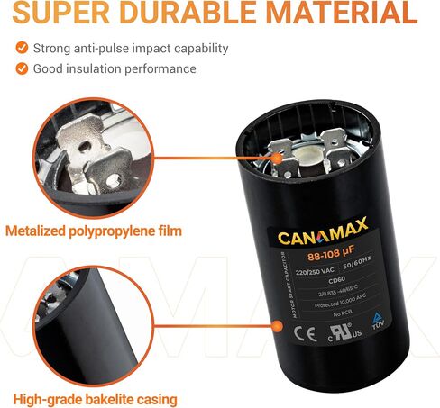 Canamax 233-280 MFD uf 50/60 Hz 250 VAC Volts Round Start Capacitor - Replacement for AC Motor Run or Fan Start and Cool or Heat Pump Air Conditioner - Replaces 6FLW0 2MET9 CAP-233-250 in Saudi Arabia