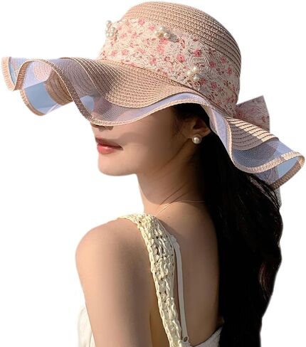 Womens Wide Brim Straw Sun Hats UV Packable Beach Hat Summer Bucket Cap for Travel in Kuwait