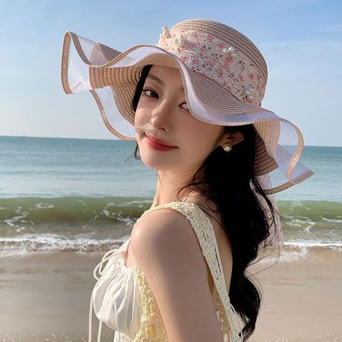 Womens Wide Brim Straw Sun Hats UV Packable Beach Hat Summer Bucket Cap for Travel in Kuwait