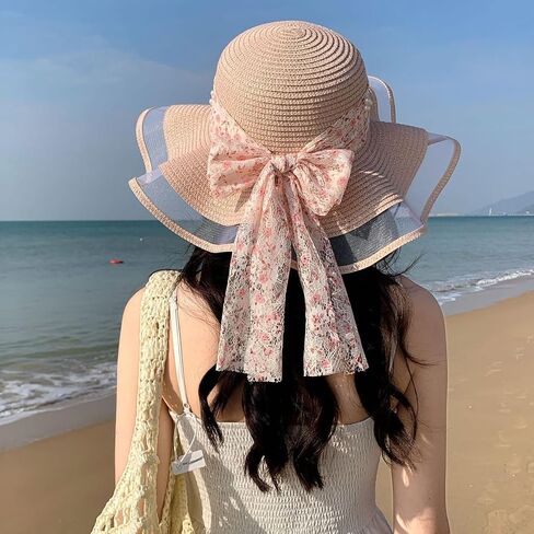 Womens Wide Brim Straw Sun Hats UV Packable Beach Hat Summer Bucket Cap for Travel in Kuwait