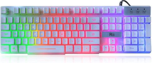 Rii RK100+ White Gaming Keyboard,USB Wired Multiple Colors Rainbow LED Backlit Large Size Mechanical Feeling Ultra-Slim Multimedia Office Keyboard Non-Slip for Primer Gaming and Working,Office Device in Saudi Arabia