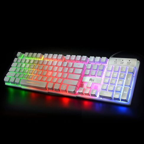Rii RK100+ White Gaming Keyboard,USB Wired Multiple Colors Rainbow LED Backlit Large Size Mechanical Feeling Ultra-Slim Multimedia Office Keyboard Non-Slip for Primer Gaming and Working,Office Device in Saudi Arabia