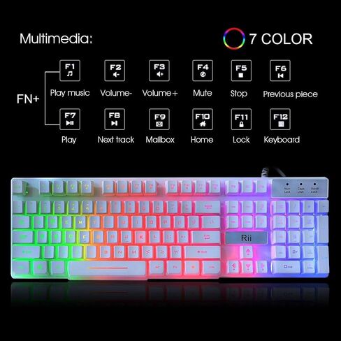 Rii RK100+ White Gaming Keyboard,USB Wired Multiple Colors Rainbow LED Backlit Large Size Mechanical Feeling Ultra-Slim Multimedia Office Keyboard Non-Slip for Primer Gaming and Working,Office Device in Saudi Arabia