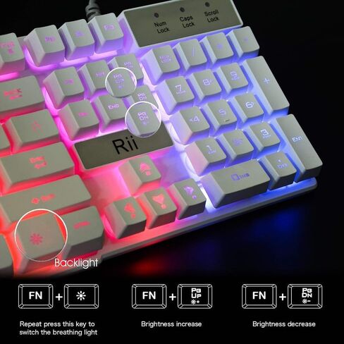 Rii RK100+ White Gaming Keyboard,USB Wired Multiple Colors Rainbow LED Backlit Large Size Mechanical Feeling Ultra-Slim Multimedia Office Keyboard Non-Slip for Primer Gaming and Working,Office Device in Saudi Arabia