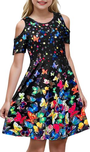 Girl's Dresses Summer Cold Shoulder Butterfly Printed Party A Line Swing Casual Dress 9-14 Years in Saudi Arabia