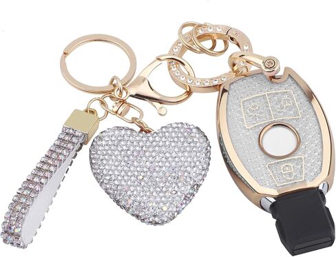 for Mercedes Benz Key fob Cover with Diamond Bling Keychain, Car Accessories Key Shell Full Protection for 2019-2021 A-Class C-Class G-Class 2017-2020 E-Class S-Class,Gold Pink in Saudi Arabia