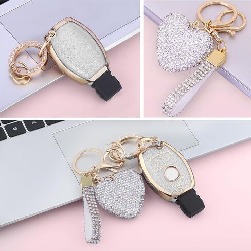 for Mercedes Benz Key fob Cover with Diamond Bling Keychain, Car Accessories Key Shell Full Protection for 2019-2021 A-Class C-Class G-Class 2017-2020 E-Class S-Class,Gold Pink in Saudi Arabia
